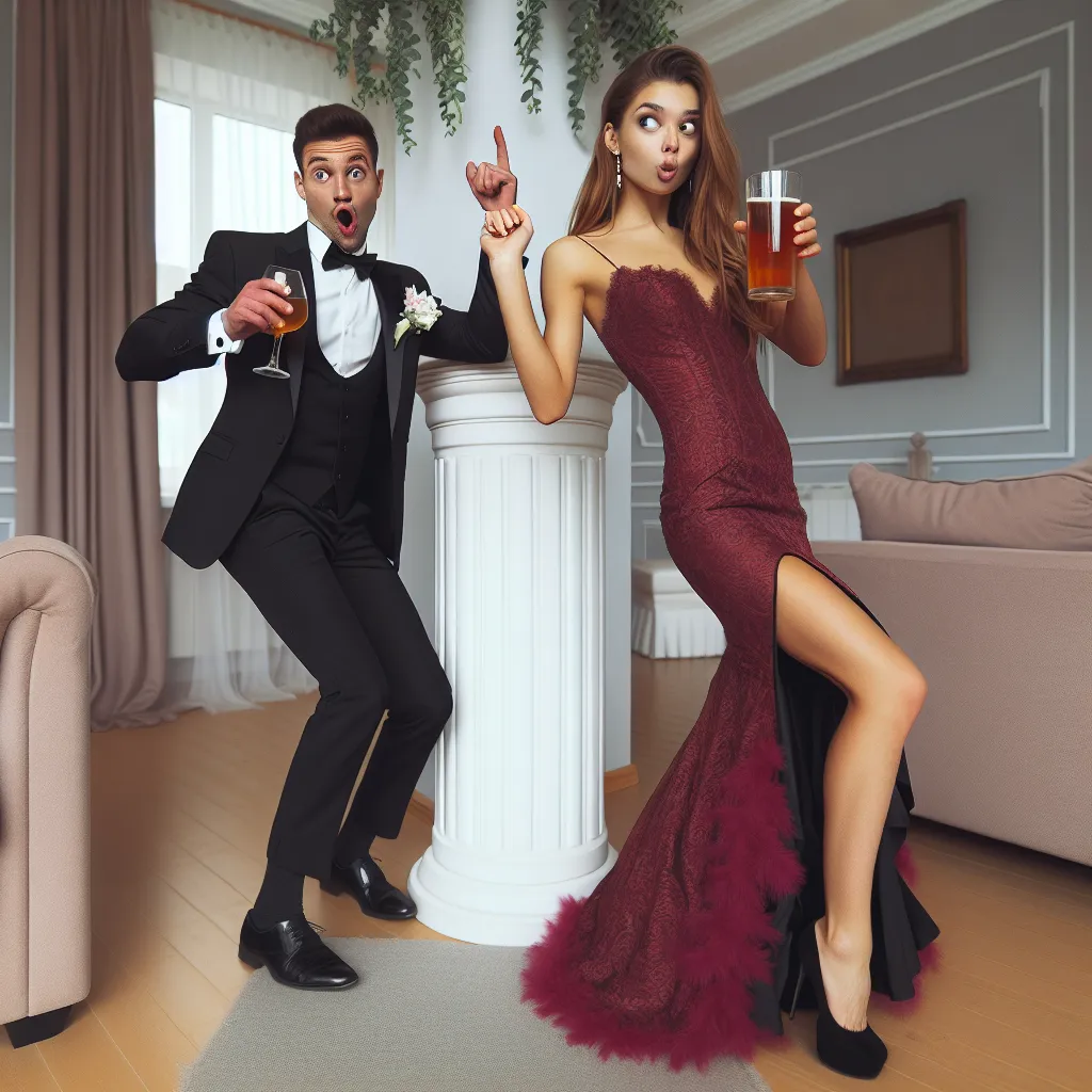 A humorous image of two friends, one in a traditional best man suit and the other in a provocative burgundy lace outfit, standing in their living room. The best man turned best babe is confidently demonstrating skillful pole dancing moves, while the other friend looks on in disbelief, holding a beer and laughing.