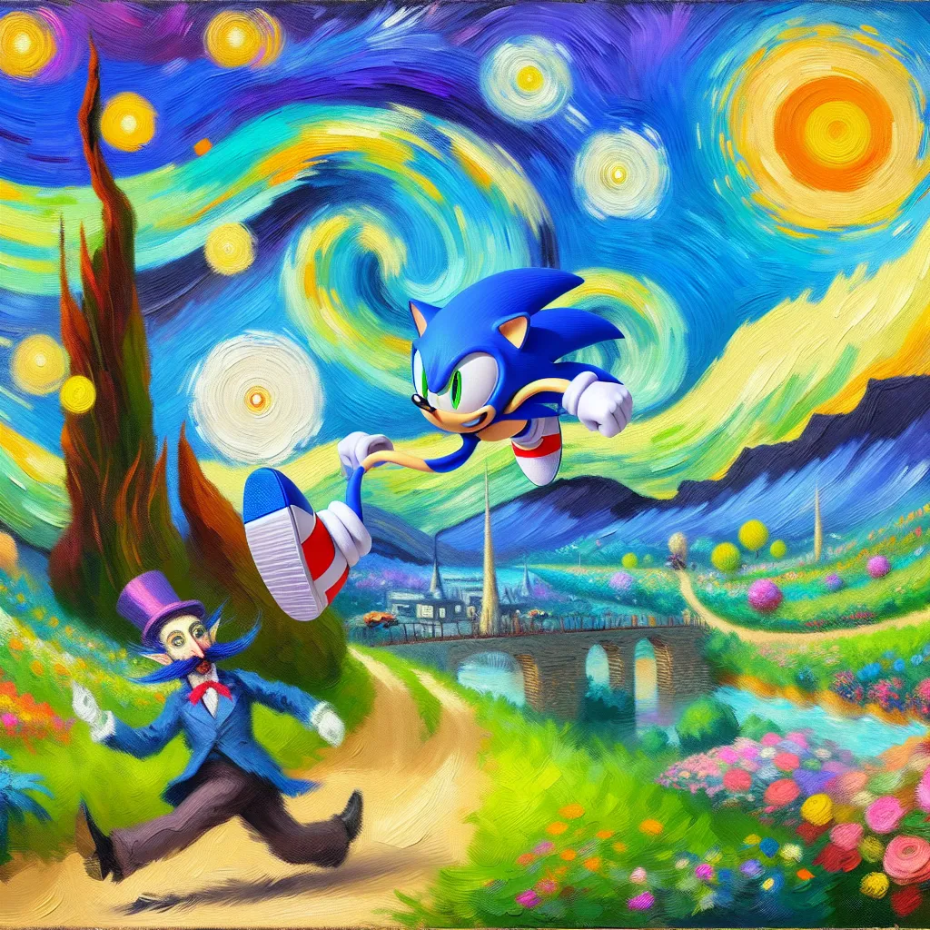 1. Hedgehog
2. Sega
3. Video games
4. Speed
5. Dr. Robotnik in the style of Monet