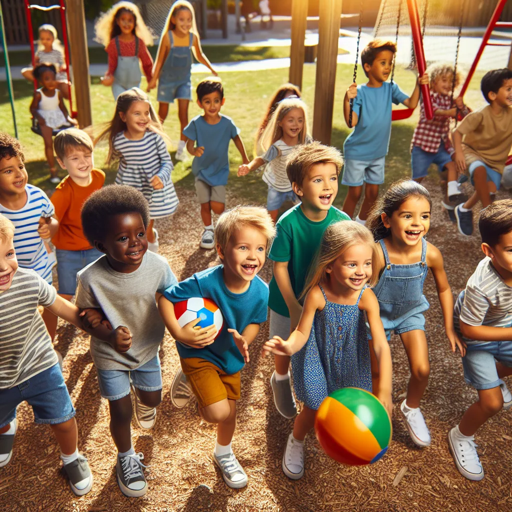 A vibrant and diverse group of children playing together in a sunny park, enjoying a range of activities such as swinging on swings, sliding down slides, and playing catch with a colorful ball.