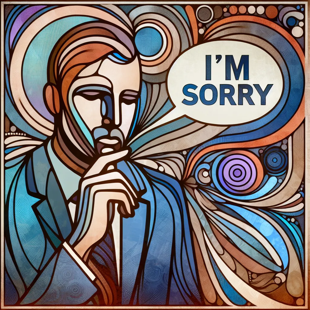 An abstract representation of an apology, featuring symbolic imagery such as a person with a thoughtful expression and a speech bubble with the words "I'm sorry."
