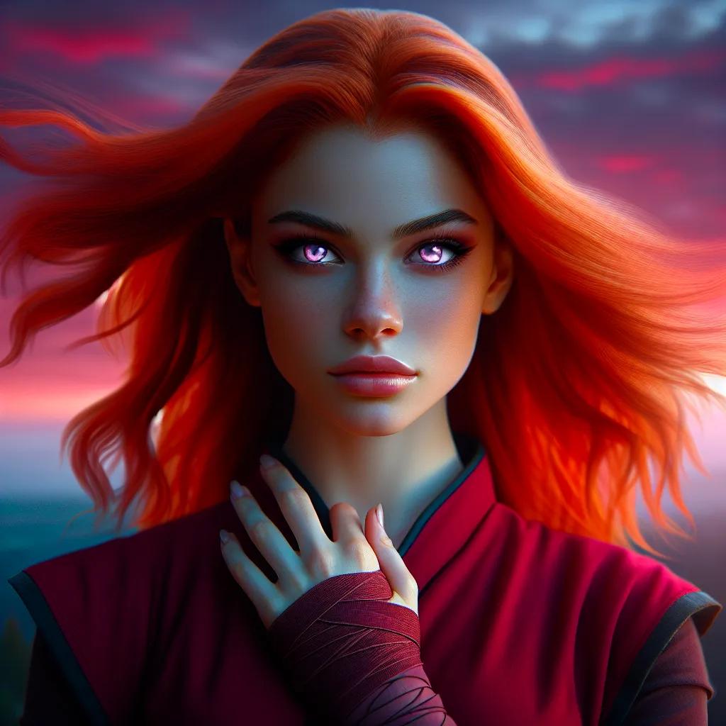 The image will depict a young woman standing on a precipice, her red hair flowing and violet eyes glowing. She carries a fierce yet charming expression, embodying the spirit of Naruto Uzumaki while embracing her femininity. The background will feature a veil of crimson dawn, symbolizing the internal struggle she faces as she grapples with her transformed identity.