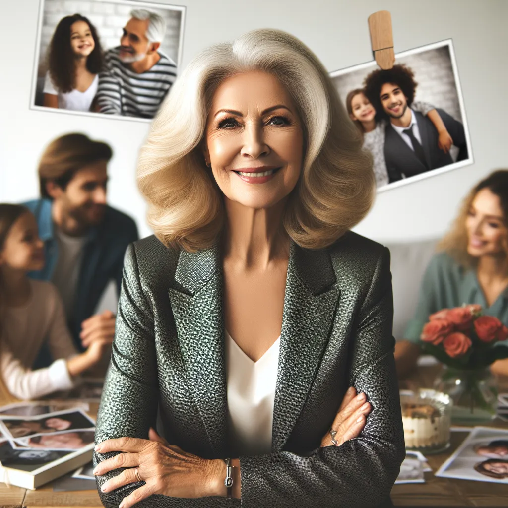 DALLE, please generate an image of a confident and content woman in her 60s, dressed elegantly and with a warm smile, surrounded by loved ones and cherished memories.