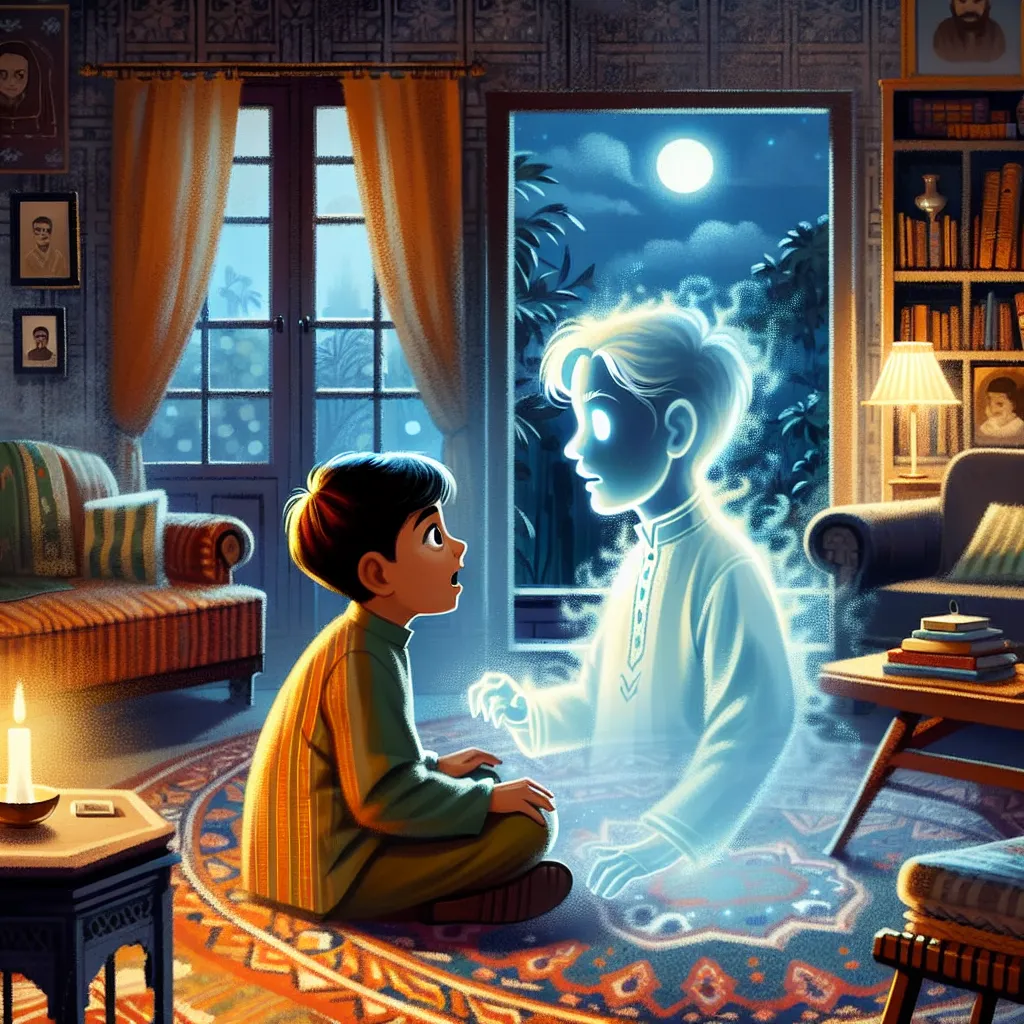 A young boy's ghostly experience leads to a mysterious transformation, resulting in a surprising and drastic change in appearance, captured as he navigates his altered reality in his family's home.