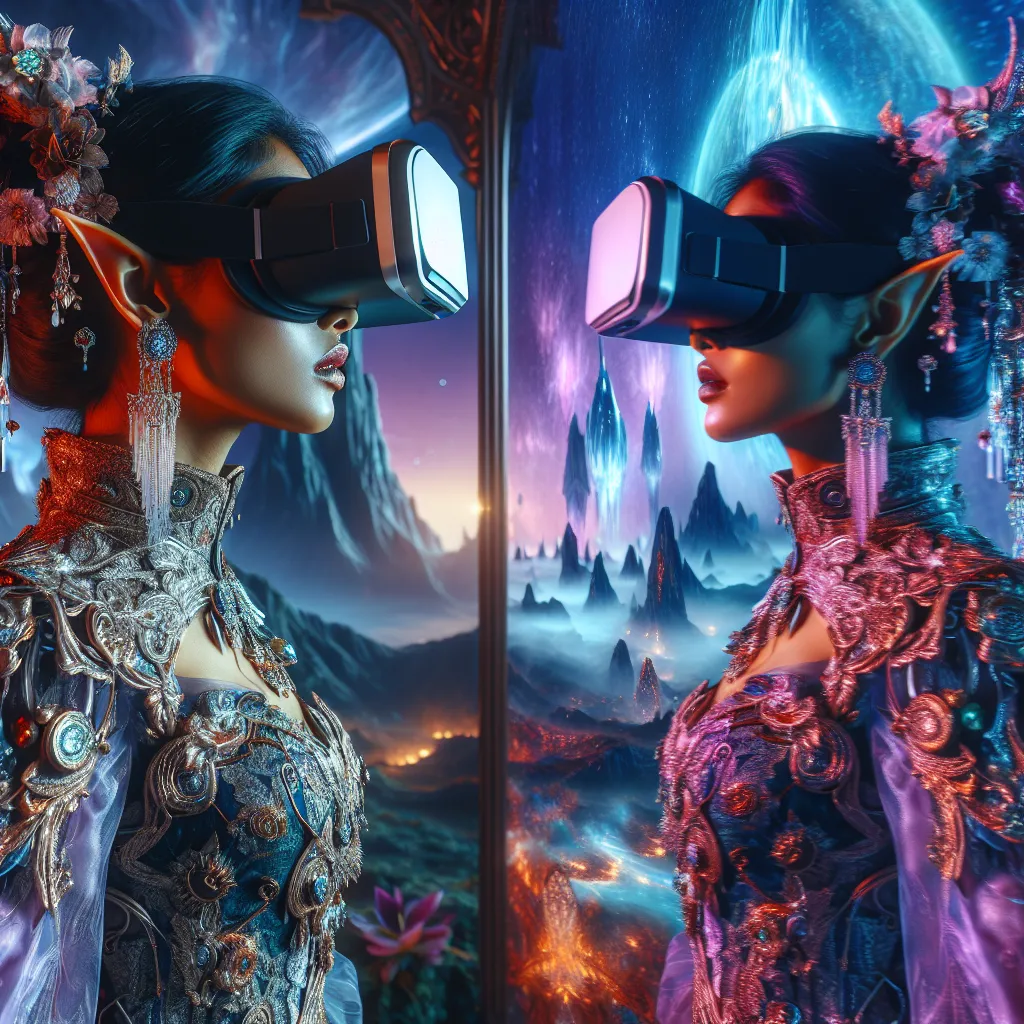 An image depicting a person wearing a virtual reality (VR) headset, immersed in a fantastical world with ethereal landscapes and vibrant colors. The person's reflection in the virtual world mirrors a transformed version of themselves, embodying an impossibly beautiful and idealized avatar they created.