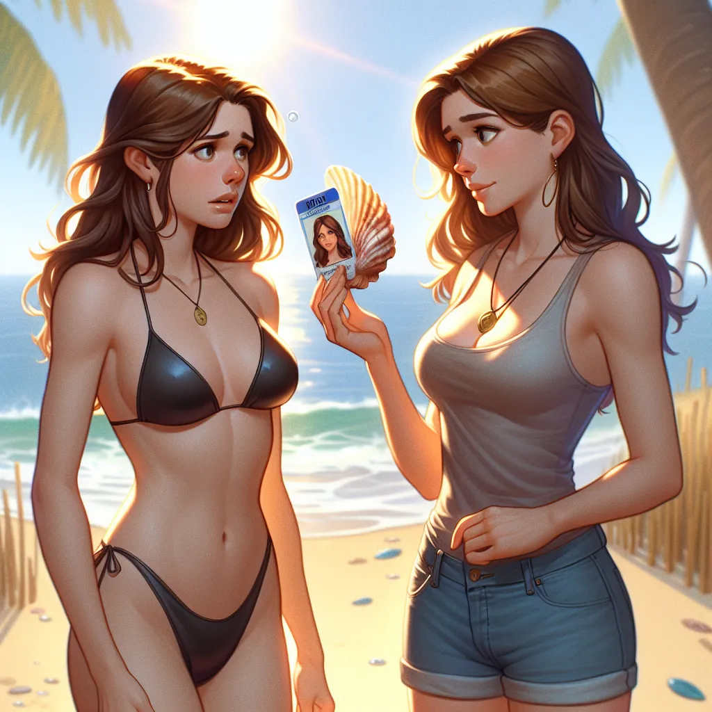 A person named Jake, now transformed into Jessica, stands on a serene beach with the sun shining brightly overhead. Jessica's sister, Sarah, holds up an ornate seashell that grants wishes, which Jessica reluctantly tries. Suddenly, a transformation takes place, and Jessica finds herself in a female body wearing a swimsuit. Panicking, Jessica realizes that her entire reality has shifted - her ID shows her as Jessica, and all evidence of her former self has been altered. Sarah revels in her sister