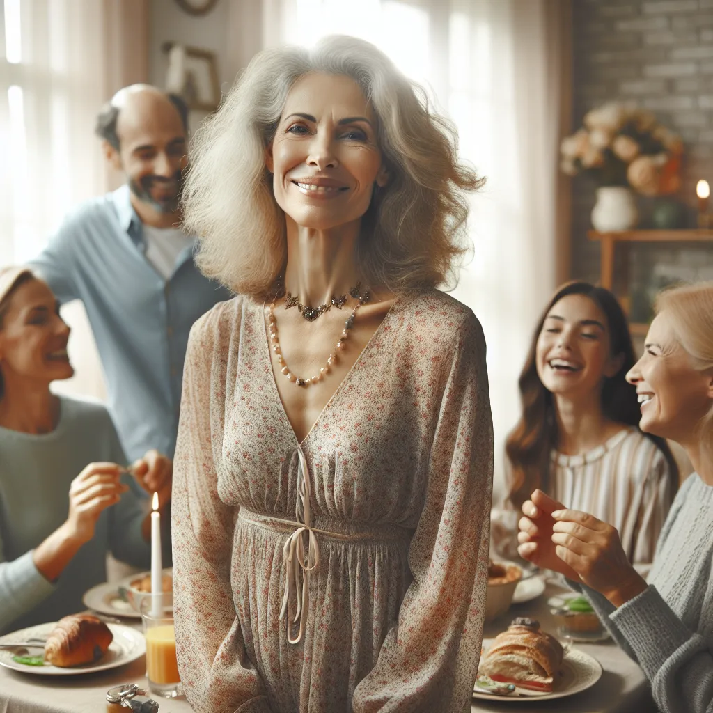 A warm and loving family scene unfolds in this image. Edith, a mature and wise woman in her mid-50s, stands in the center surrounded by her husband, John, her daughter Ava, and their guests, Emma and Nicholas. The room is filled with laughter and joy as they enjoy breakfast together. Edith, wearing a flowing dress and her cherished jewelry, radiates love and contentment, grateful for the unexpected joys life has brought her.