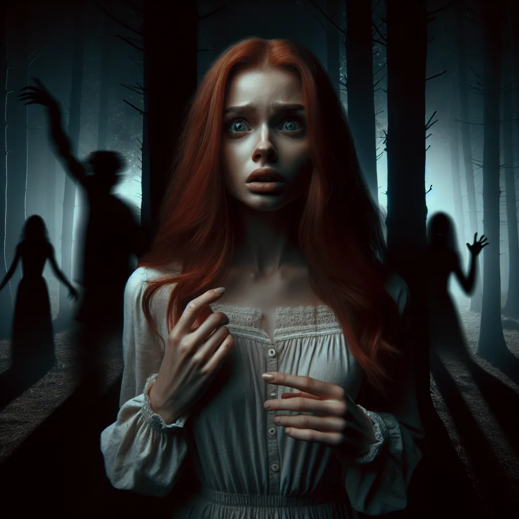 An image depicting a young woman with red hair and a haunted expression, standing in a dimly lit forest. The shadows dance around her, hinting at the psychological horror she is trapped in. The atmosphere is eerie and unsettling, capturing the twisted game that is being played upon her.