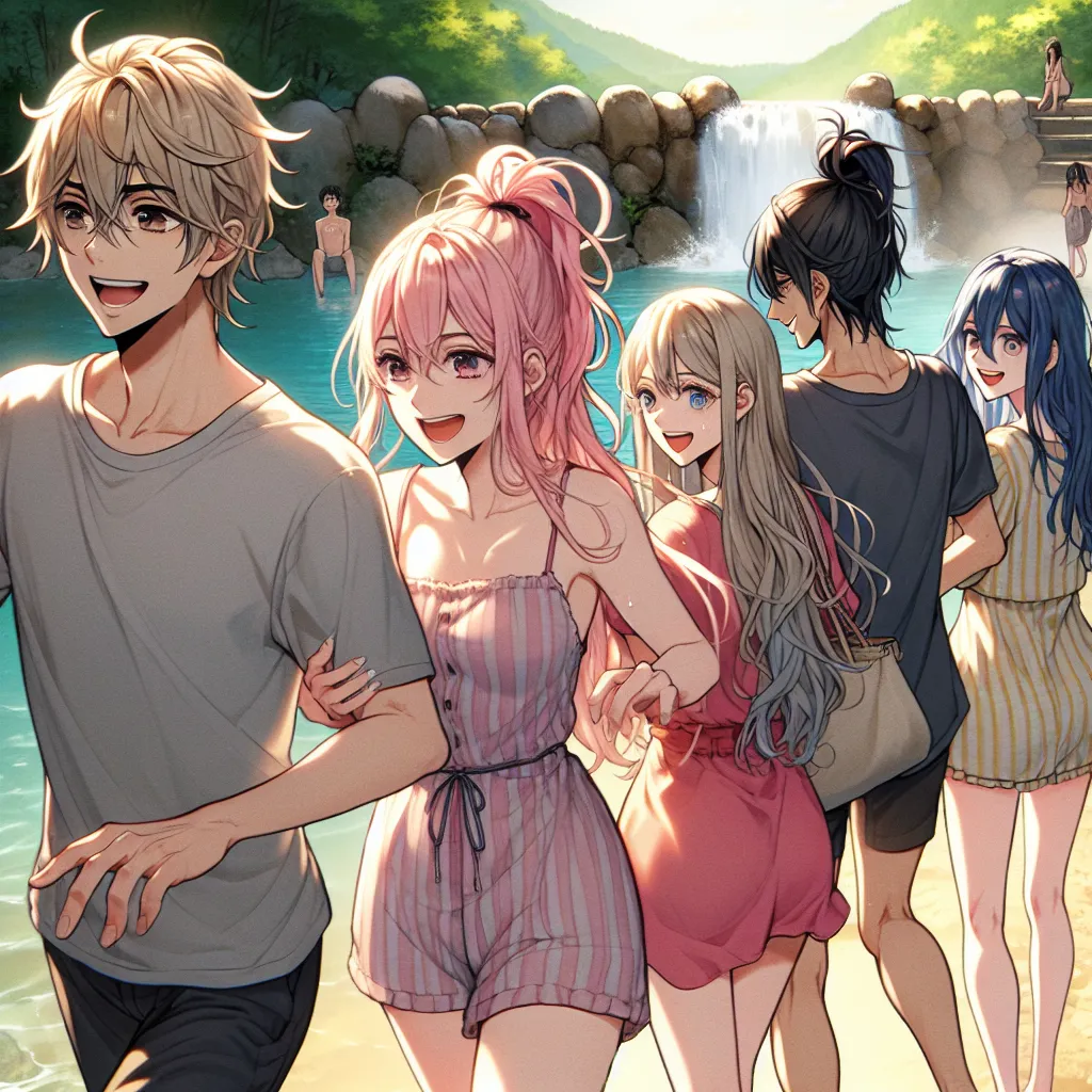 In the image, five friends are seen walking together towards the Konoha hot springs in the late afternoon. Naruto Uzumaki is being led by Sakura, while Ino, Tenten, and Hinata follow closely behind. The group appears happy and mischievous, unaware of the unusual turn of events that await them.