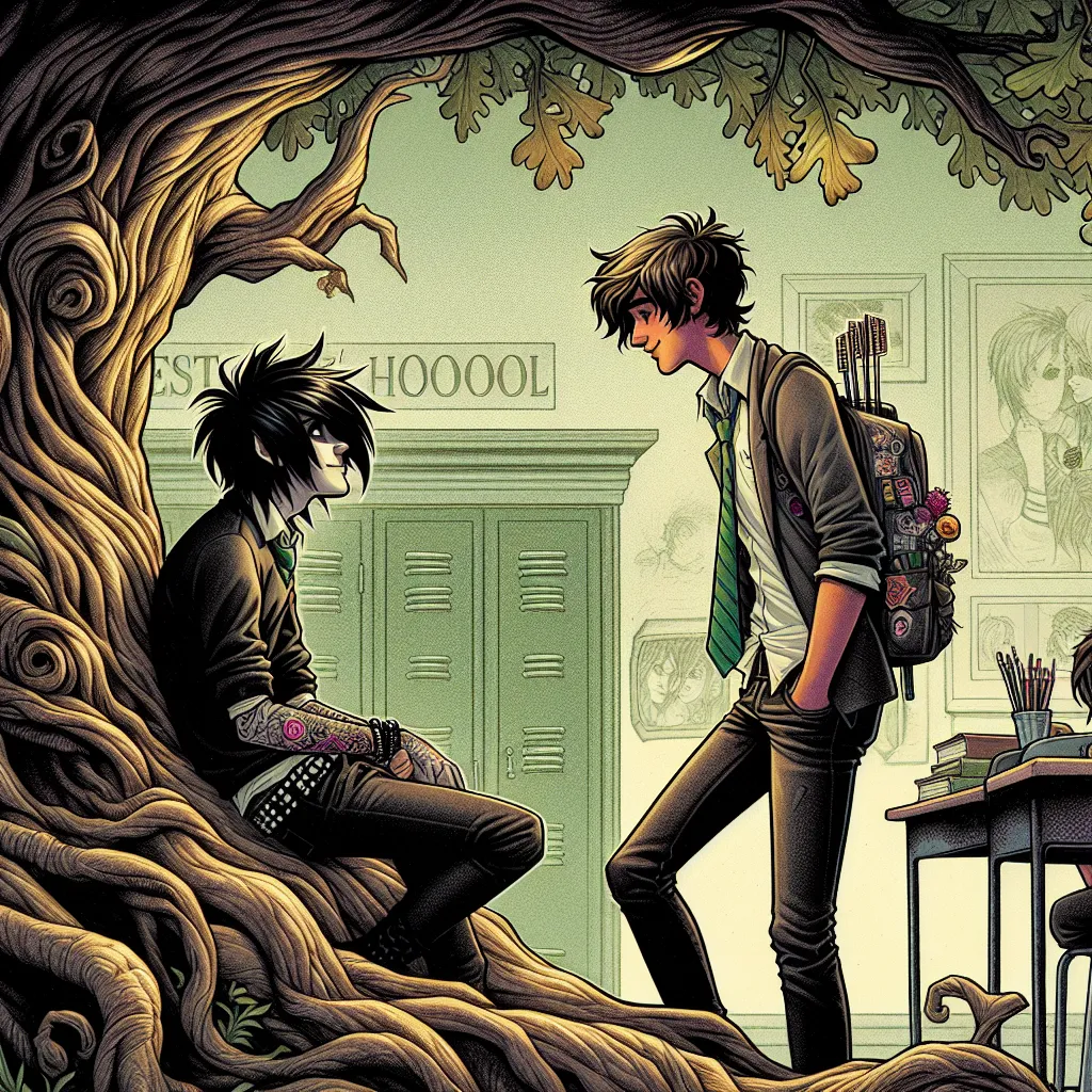 A black-haired emo boy, Jasper, leans against an old oak tree at Crestwood High, capturing the attention of Jake, the new student. In the art classroom, their friendship blossoms as they bond over their shared interests. Their playful banter turns more intimate, signaling a growing attraction. As their relationship deepens, they navigate the challenges of being a couple in high school. Despite the scrutiny, Jake and Jasper find solace in each other, discovering new layers and supporting each oth