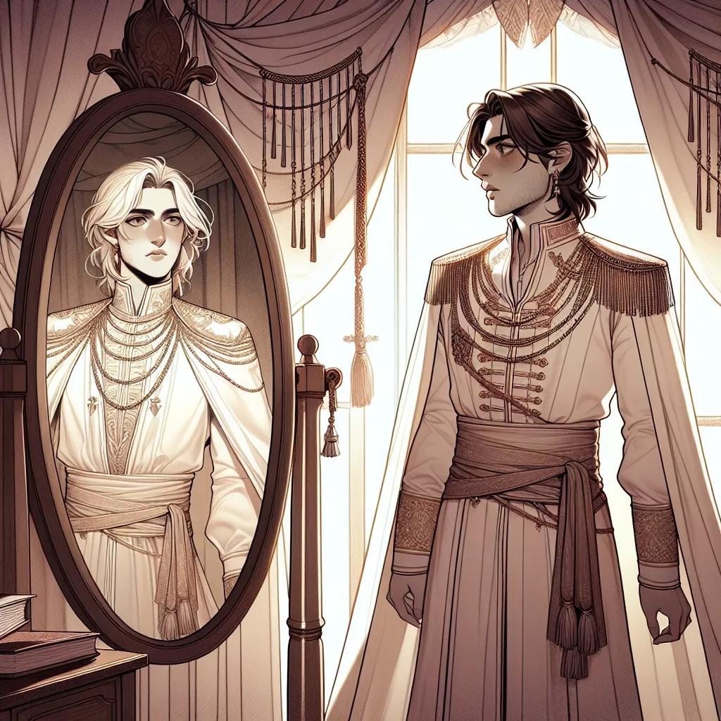 The image that accompanies this story is an illustration of Alm, a young man dressed in priestess clothes. He is standing in front of a mirror, looking at his reflection with a mix of pride and longing. The delicate priestess outfit accentuates his graceful figure, and he wears it with a sense of peace and authenticity. The image captures the moment when Alm's secret is discovered by Conrad, his heart's desire. Conrad's appearance at the entrance of the tent adds an element of surprise and uncer