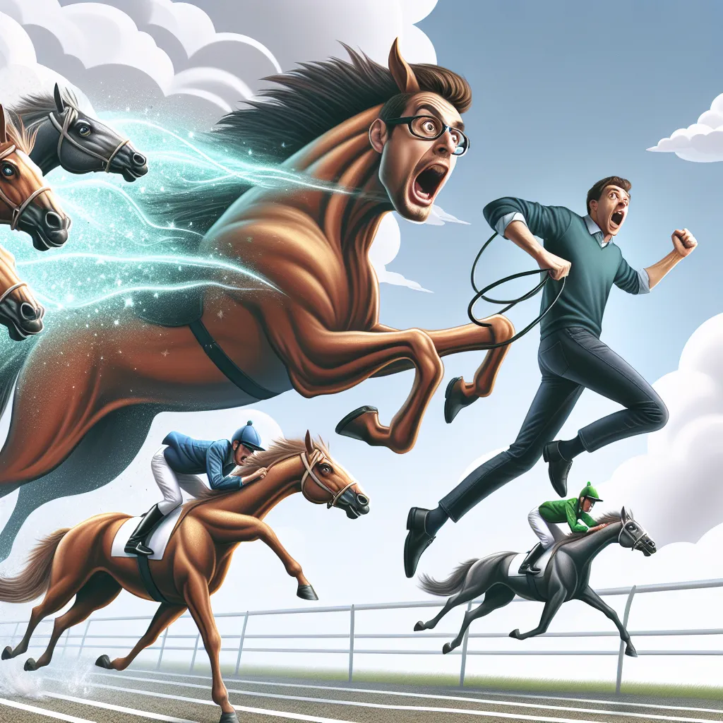 A picture of a man undergoing a sudden transformation into a horse, ridden by a jockey and racing on a track.