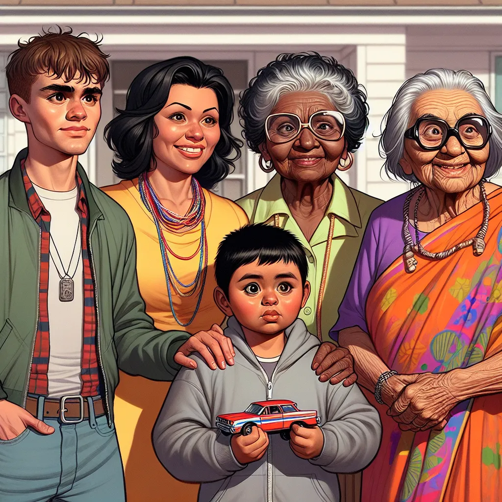 An image that could accompany this story could be a depiction of Timmy, Rosa, Alma, and Maria standing together in front of a house. Timmy is shown as his younger self, while Alma is depicted as an older woman wearing colorful clothing and large sunglasses. Rosa can be shown in casual clothing, holding Timmy's toy car. Maria, Timmy's grandmother, is also present, and they all have expressions of surprise and confusion on their faces.