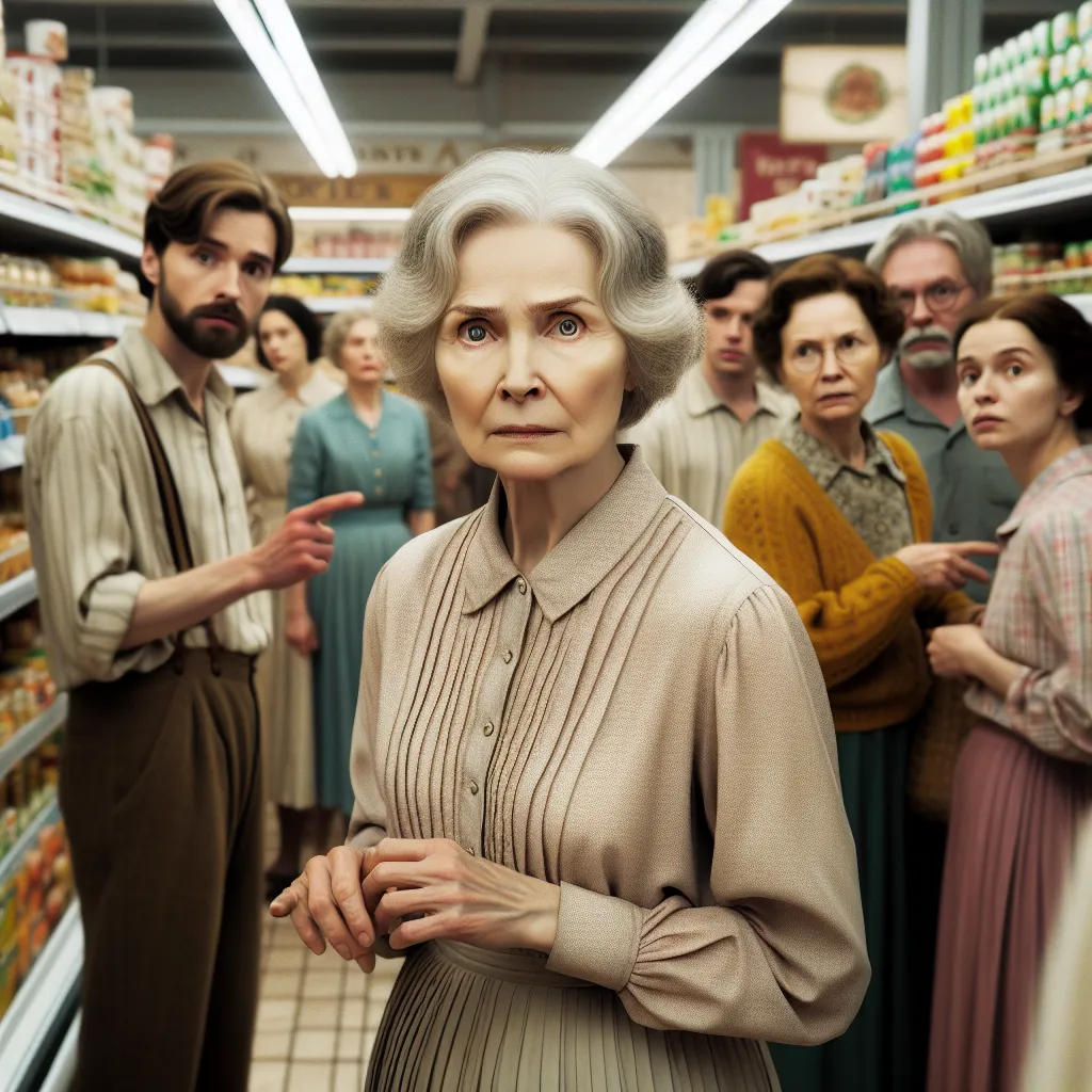 A young boy named Oliver accidentally transforms into an old Russian grandma named Yekaterina Ivanovna Lebedeva at a busy grocery store. Yekaterina navigates the world, grappling with her newfound identity and memories, inquisitive eyes following her suspicious glances. She walks past intrigued onlookers, muttering in Russian, feeling lost and wary. As she encounters a helpful stranger and steps out into the unknown, her vivid personality and cautious demeanor shine through. The image captures Y