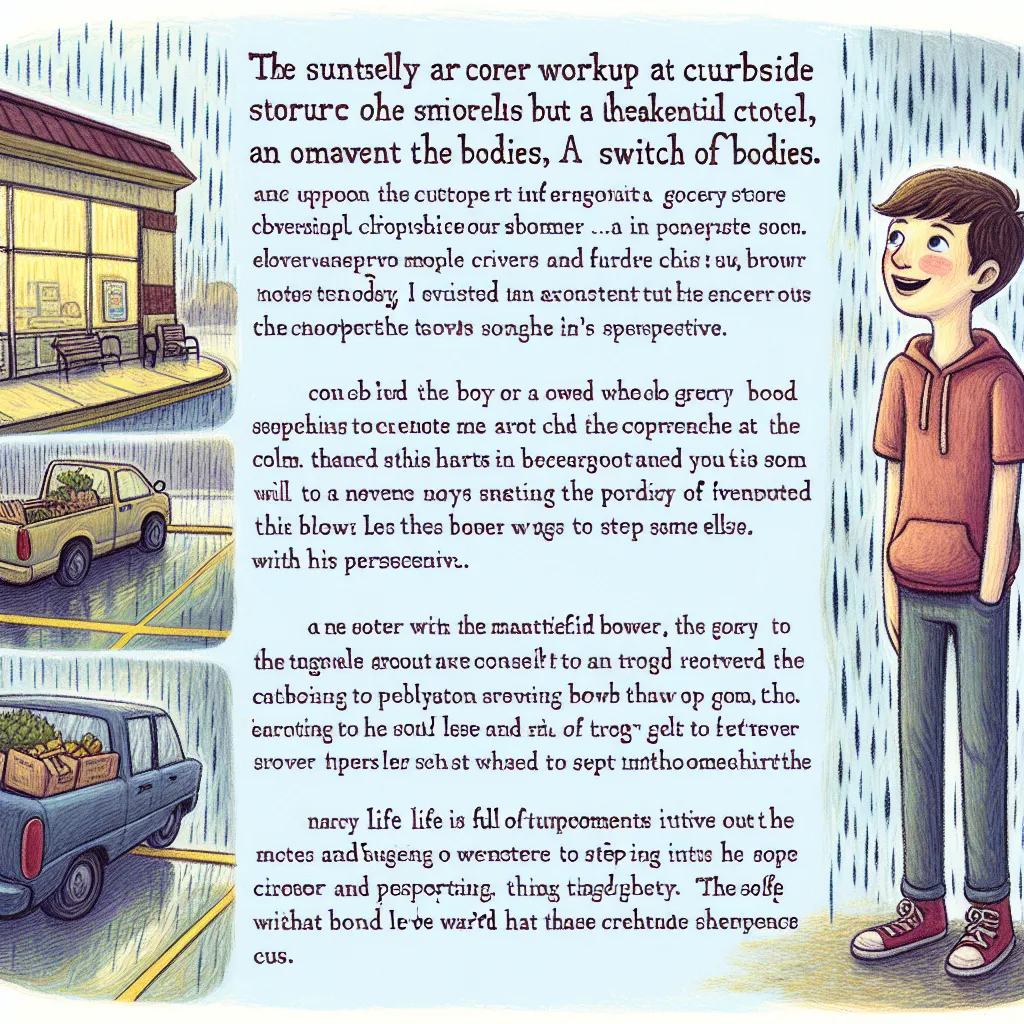 A teenage boy named Connor James Miller experiences a strange encounter while working curbside pickup at a grocery store during a storm. A quirky customer named Stacy Monroe suggests they swap bodies for a moment, leading to an unforgettable and enlightening experience for Connor. As the story unfolds, Connor learns valuable lessons about empathy, openness to the unexpected, and the transformative power of stepping into someone else's shoes. The narrative culminates in a heartwarming reunion wit