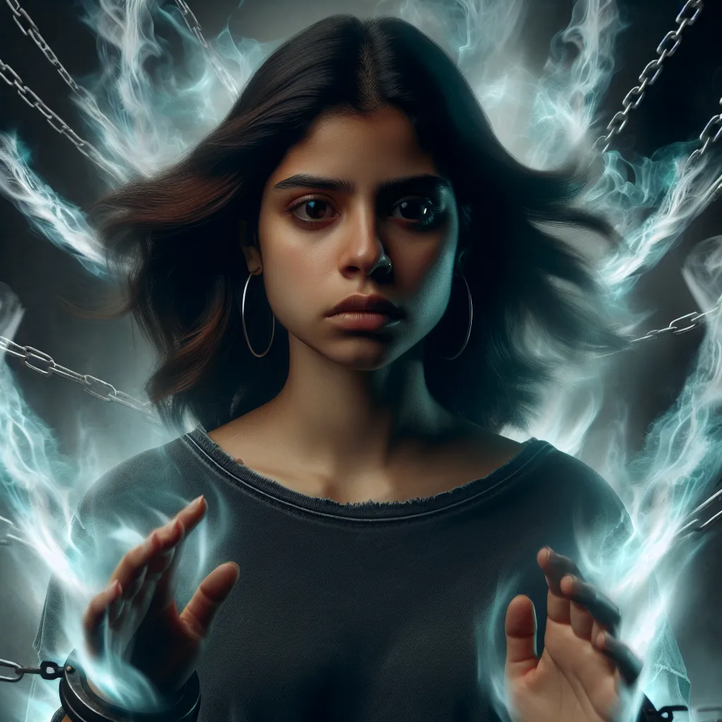 A dramatic, horror-themed image depicting a young woman, her face bearing a mix of determination and uncertainty, as she undergoes a supernatural transformation. Ethereal chains of energy surround her, representing her newfound power as she embraces her destiny.