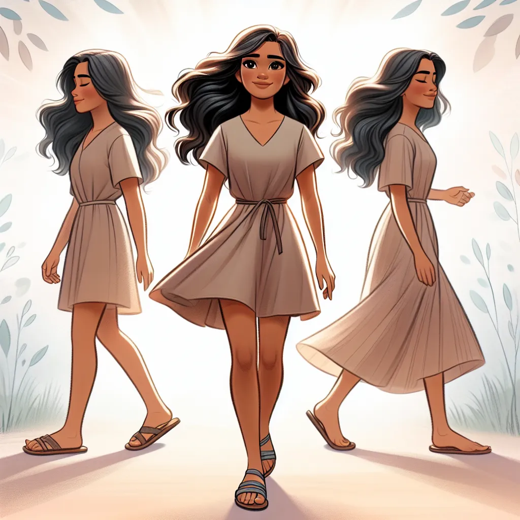 A boy named Joshua, after a mysterious event at the mall, finds himself living in the body of a woman named Ana. As he navigates this new reality, blending both his own memories and Ana's life experiences, he embraces kindness, love, and a newfound sense of self. The image will capture Joshua's transformation, showing him confidently walking in sandals and a short dress, embodying resilience and acceptance in the face of change.