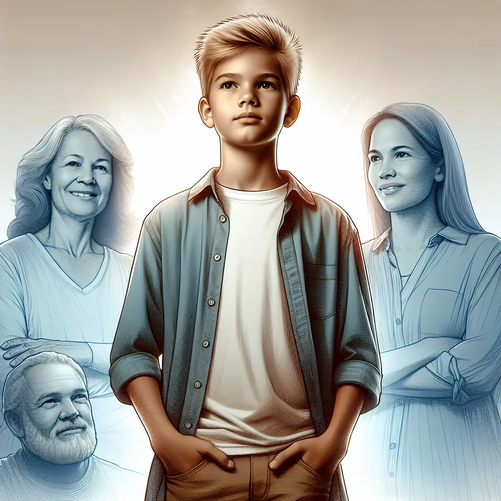 A depiction of a young boy, Jacob, standing confidently with a determined look on his face. He is surrounded by a loving and supportive family, including his mother, Rebecca, and his grandma, Elaine. The image captures Jacob's strength and resilience, symbolizing his journey from a traumatic experience to becoming a beacon of hope and inspiration.