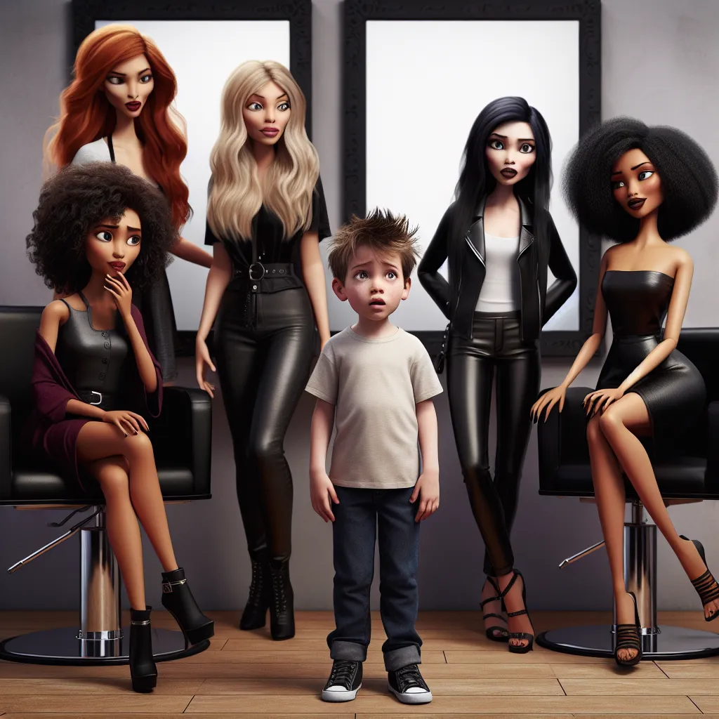 Description: A five-year-old boy named Tommy stands in a salon, surrounded by three women who work there. The salon workers, Maria, Natasha, and Sheila, each have unique characteristics and fashion styles. Tommy feels nervous but determined as he prepares for a transformation that will lead to unexpected events.