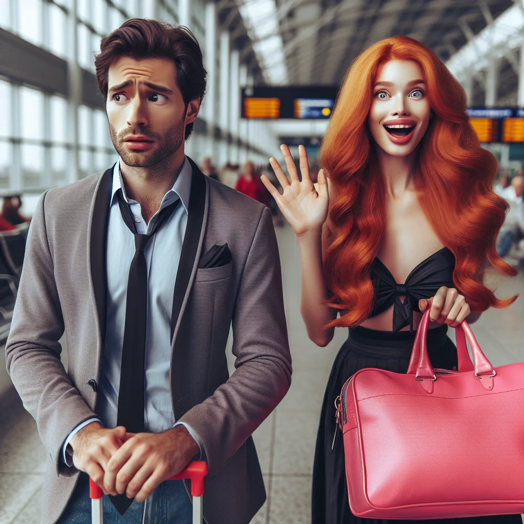 An image of two people, a man and a woman, standing in an airport terminal. The man is looking around anxiously while the woman, who used to be his brother, waves enthusiastically. The woman is a stunning redhead, holding a pink roller bag. The image captures the humor and confusion of their reunion, showing the contrast between their appearances and the brother's flustered expression.