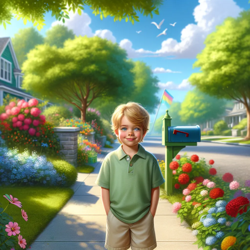 This image will showcase a young boy named Benji, a gentle-looking six-year-old with sandy blond hair and curious blue eyes. He is standing on a peaceful neighborhood sidewalk, surrounded by blooming flowers and chirping birds. In the background, there is a colorful mailbox, a lush green tree, and a bright blue sky overhead. The scene captures the innocence and wonder of childhood on a sunny summer day.