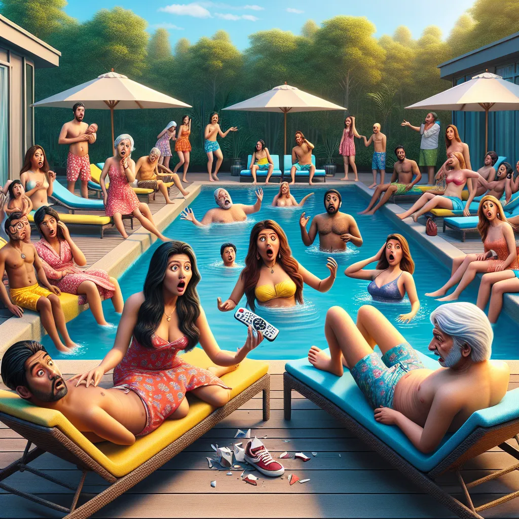 Image of a poolside scene with a mismatched group of people in swapped bodies, showcasing the moment of realization and confusion as a character holds a shattered remote, revealing the mystery and comedic twist in a surreal setting.