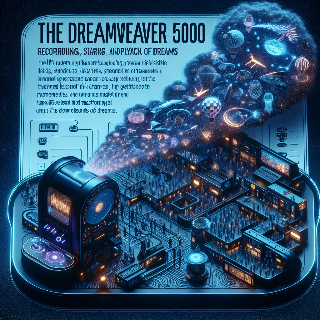 This image could depict a futuristic device, the DreamWeaver 5000, showcasing its key features and potential applications. The image could include visual representations of dream recording, storage, and playback, as well as the materialization of dream elements. It could also show users customizing and modifying dream creations, and the integration of these creations into daily life. The image should portray a sense of wonder and possibility, illustrating the device's ability to bridge the gap b