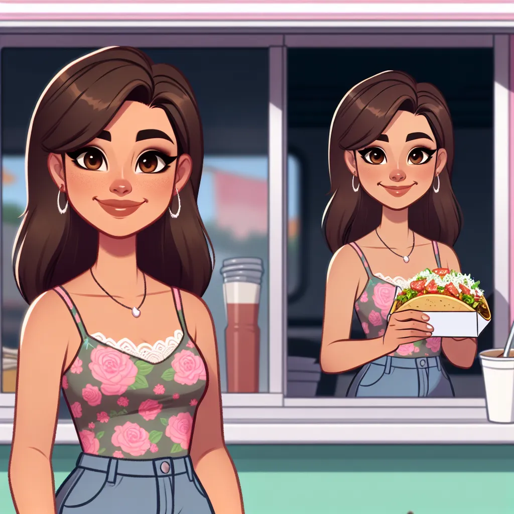 An image depicting a cheerful Mexican mother with warm brown eyes and a friendly smile, dressed in a floral tank top and high-waisted shorts. She stands in front of a small taco truck, holding a taco and looking both curious and hopeful.