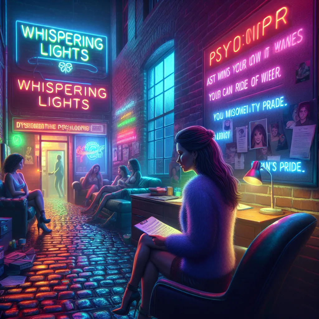 A woman, Clara Riverton, sits alone in the back office of a lively nightclub called Whispering Lights. The neon lights outside cast colorful hues on the cobblestone alleyway, creating an atmosphere of intrigue. Clara's mind is consumed by the mystery of her sister's disappearance five months ago. As she prepares for her appointment with a psychologist, Dr. Jennings, Clara reflects on the night her sister vanished and the painful void it left behind. In their session, she expresses her grief and 