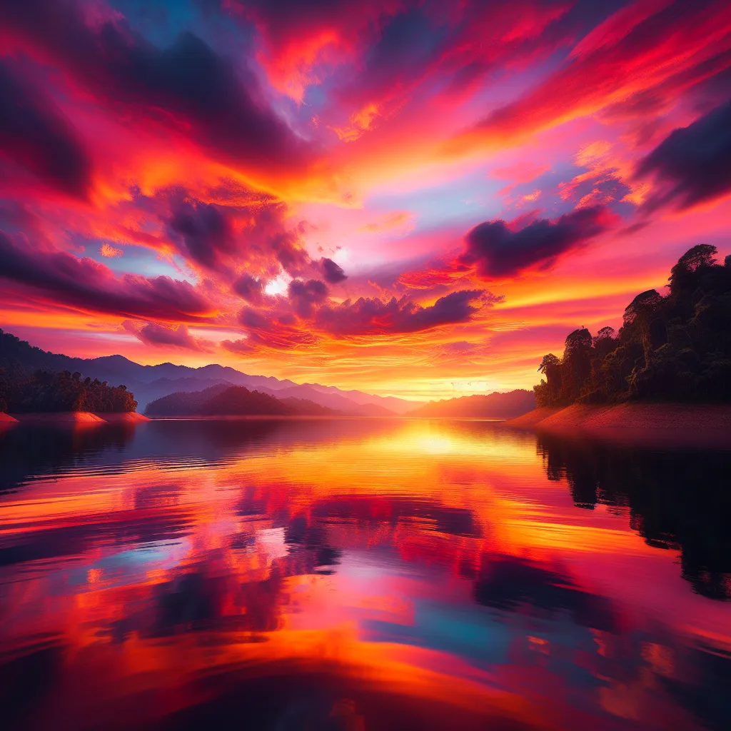 A beautiful sunset over a calm lake, reflecting the vibrant colors of the sky.