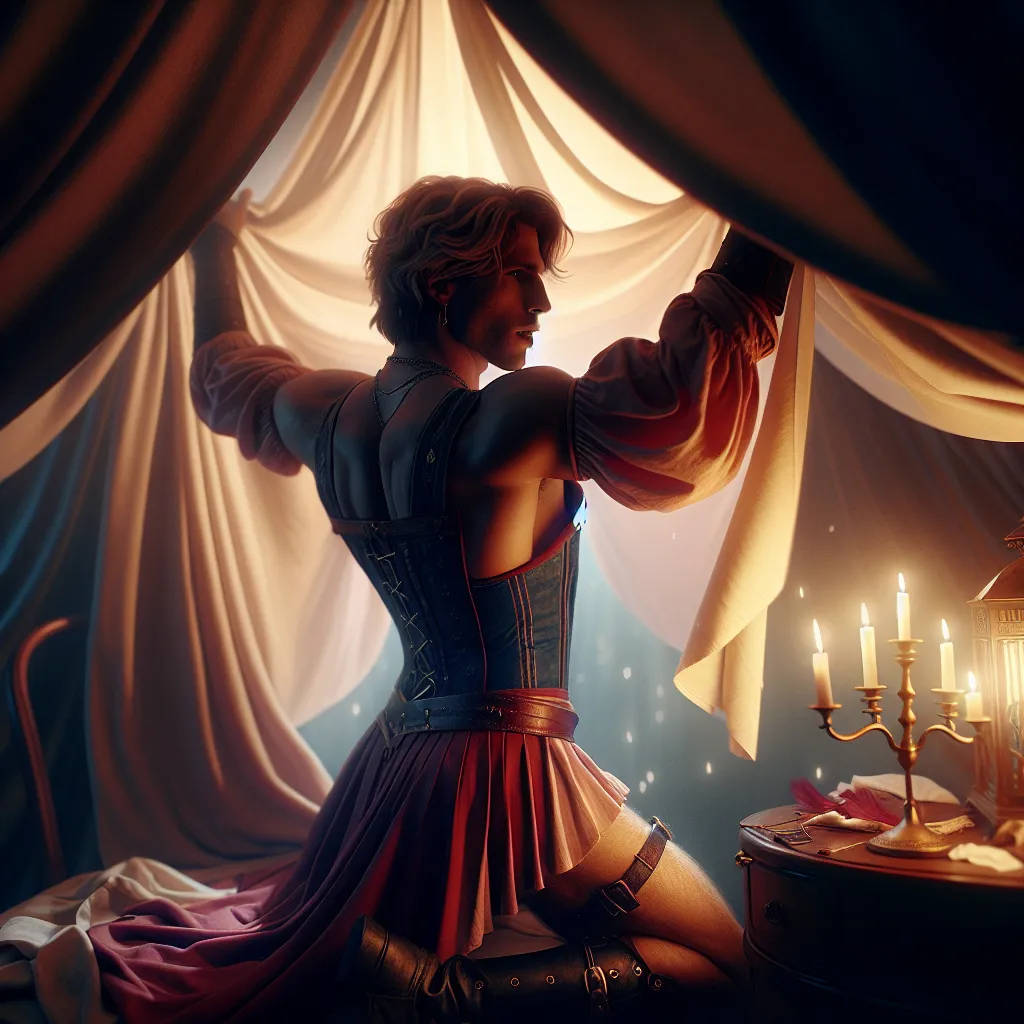 A beautiful illustration of Alm, the protagonist of a fantasy story, dressed in feminine attire while standing in a candlelit tent. In this moment of secrecy and self-discovery, Alm embraces his hidden identity, relishing in the liberation and excitement it brings.