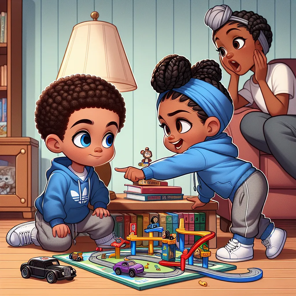 The image that accompanies this story is a cartoon-like depiction of two children playing in a living room. Timmy, a young boy with short curly brown hair and blue eyes, is seen with Shaquillea, a girl with long braided black hair and dark brown eyes. They are building a toy race track using books and toy cars. In the background, Timmy's mother Denise, wearing a blue sweatshirt and grey sweatpants with a headwrap, scolds Timmy for touching a lamp.