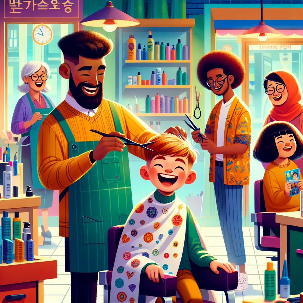 A 4-year-old boy named Cameron, accompanied by his mom and grandma, visits a vibrant Korean hair salon filled with lively stylists, engaging in chatter and magic discussions. Cameron receives a haircut from the skilled and cheerful Sun-Mi, leading to smiles, sticker treats, and appreciation from his family and the salon workers. The day unfolds with warmth, laughter, and simple joy, leaving Cameron feeling taller in spirit and filled with happy memories as he heads home with a new haircut, stick
