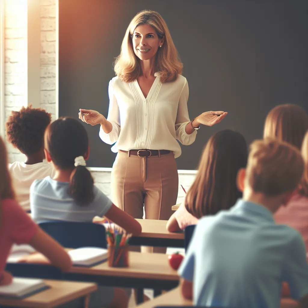 An image generated by DALLE could depict a classroom scene, with Mrs. Thompson (formerly Lucas) standing at the front of the room, confidently addressing her students. The image should convey a sense of warmth, empowerment, and resilience, capturing Mrs. Thompson's transformation while emphasizing her passion for teaching and the impact she has on her students' lives.