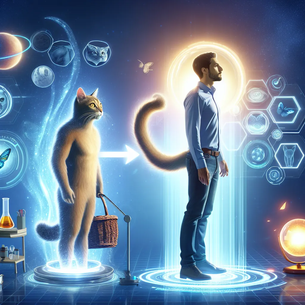 An image of Nathaniel completing his metamorphosis into a sleek, anthropomorphic feline, standing confidently in his transformed state, surrounded by the scientific equipment and the Transference Orb. The image captures the essence of transcendence and awakening as Nathaniel embraces his new form and embarks on a journey of self-discovery.