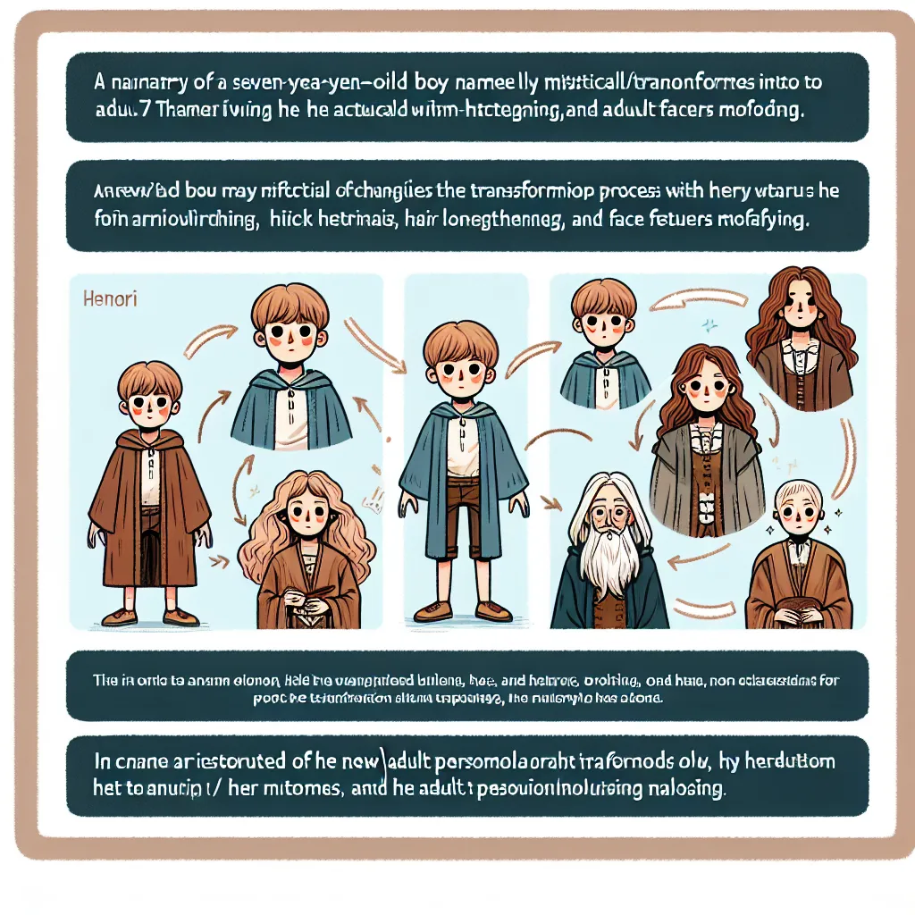 A detailed and transformative story about a seven-year-old boy, Henry, who mystically transforms into his friend's mother, Rosalinda, complete with vivid descriptions of the physical changes and the new identity that unfolds.