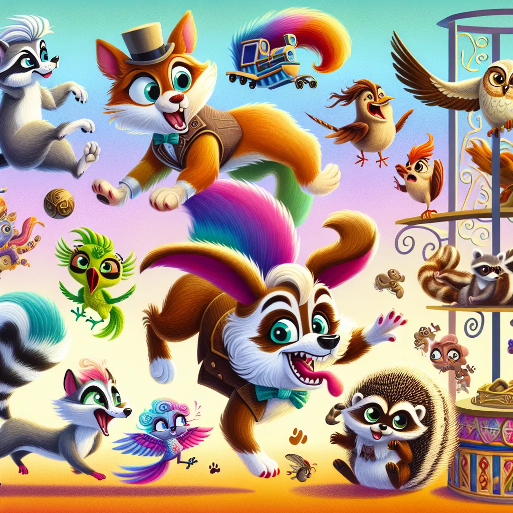 The image will depict the pets from "Littlest Pet Shop: A World of Our Own" engaged in various hilarious antics after Trip Hamston's hypnosis prank goes awry. Jade is chasing her tail like a dog, Roxie is frozen mid-motion, Edie and Bev have swapped personalities and Quincy is bravely climbing a shelf. The chaotic scene captures the moment before the pets plot their plan to turn the tables on Trip.