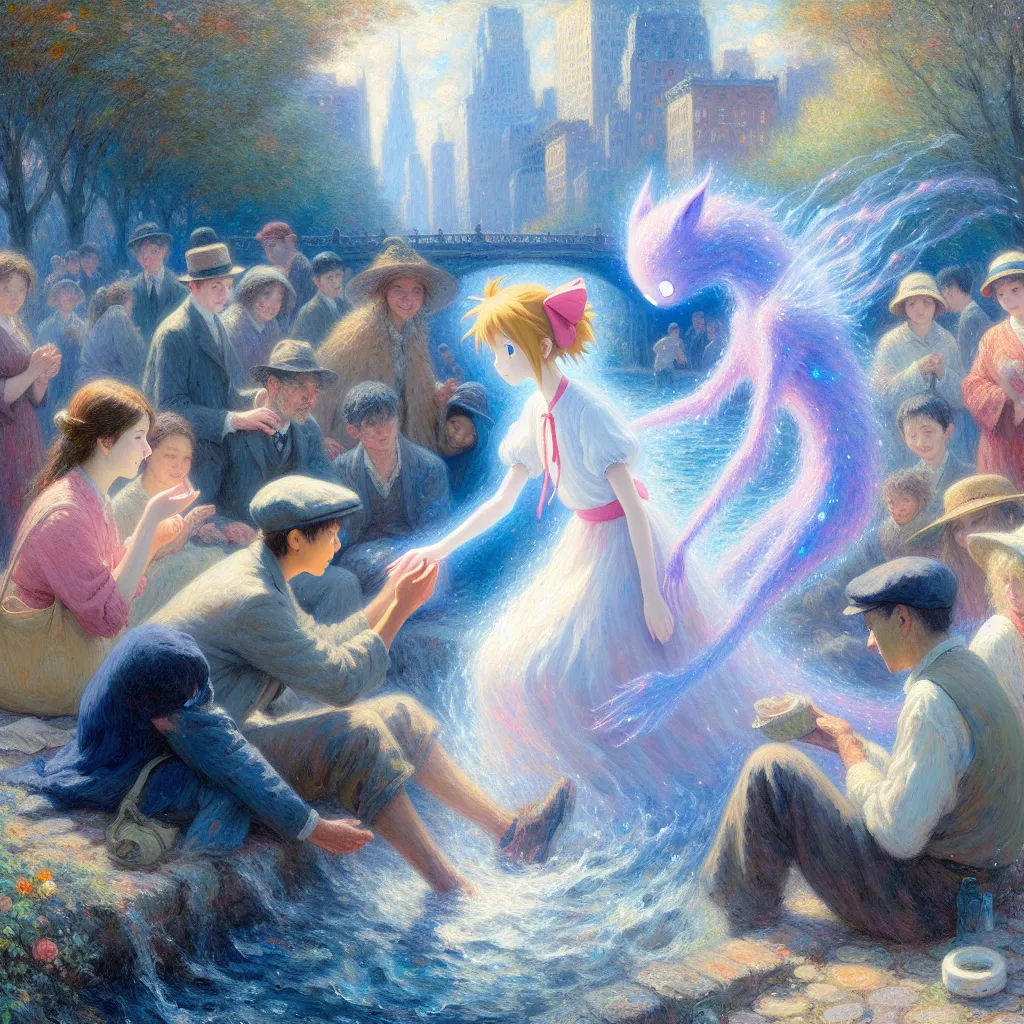 Madoka, Dawn, Kyubey, Homelessness, Magic in the style of Monet