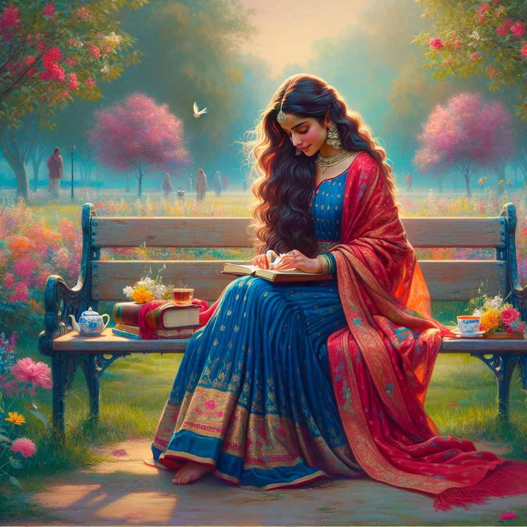 A serene image of Priya, a woman with long wavy hair, wearing a vibrant blue Anarkali dress and a red saree, sitting on a bench in a park. She is holding a small diary and a cup of tea, with a beautiful red scarf draped around her shoulders. The scene is peaceful and filled with colorful flowers, symbolizing her new life and the sense of belonging she has found.