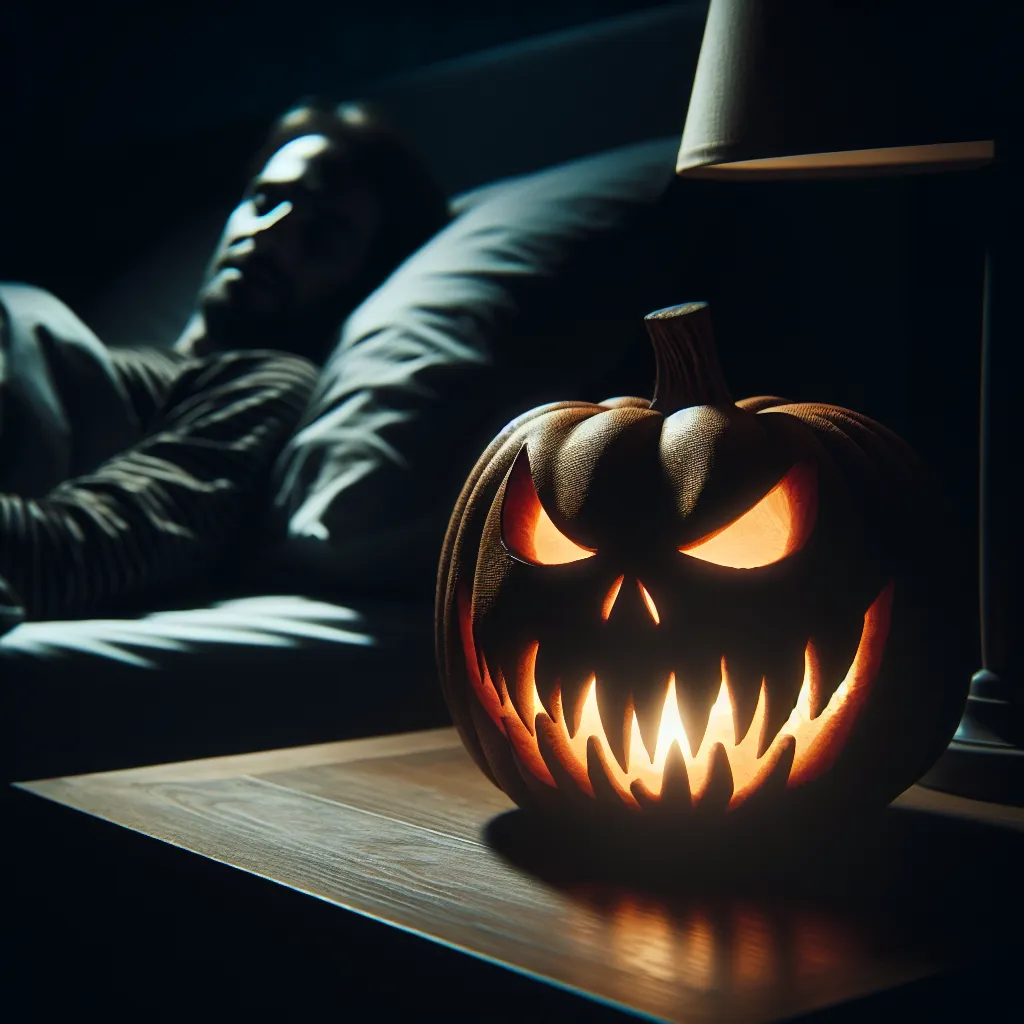 Description: A sinister jack-o-lantern with a twisted grin sits on a nightstand, its hollow eyes ablaze with an eerie light. The room is dark, but the menacing pumpkin exudes an unsettling presence as it watches over the slumbering figure in bed.