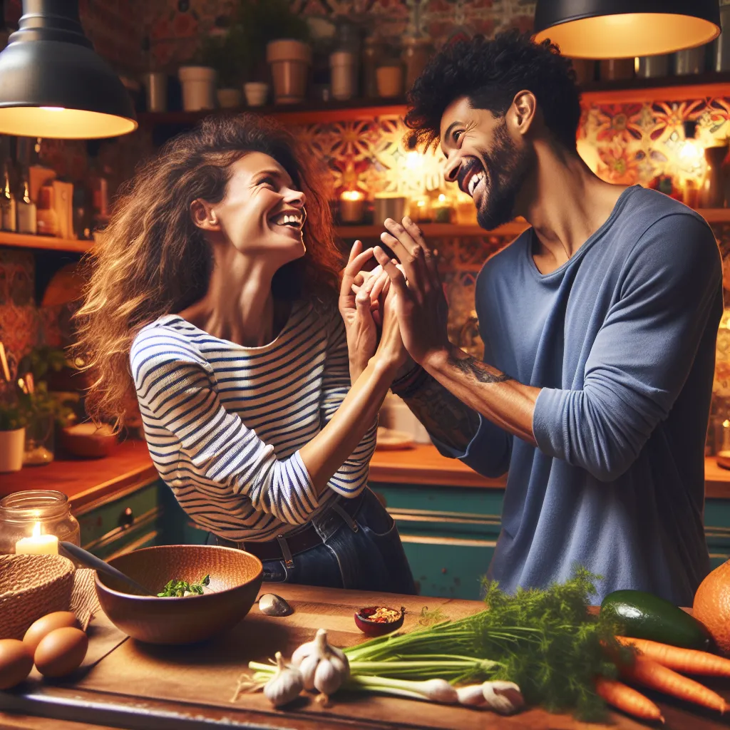 A playful and romantic moment in the kitchen: a couple engages in a dramatic and tender kiss, surrounded by warmth and mischief.