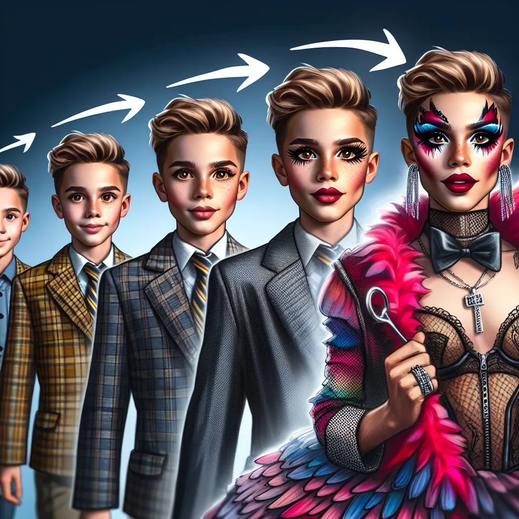 An image of a young boy named Dylan undergoing a transformation, eventually becoming Lola, a confident and stylish drag queen.
