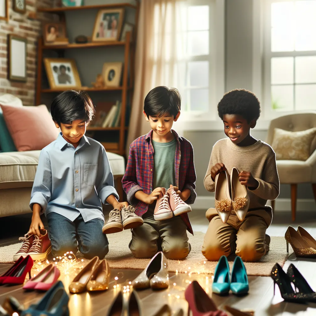 Three 10-year-old boys explore mischief and transformation with their moms' shoes in a suburban home. The boys unknowingly trigger a magical process that slowly changes them into exact copies of their mothers. As the mothers attend to their daily lives, the boys get engrossed in being mothers themselves, engaging in typical activities. The magic and memories of the transformative shoe game fade away, leaving behind a subtle warmth in the shoe rack as a quiet reminder of the once magical moment. 