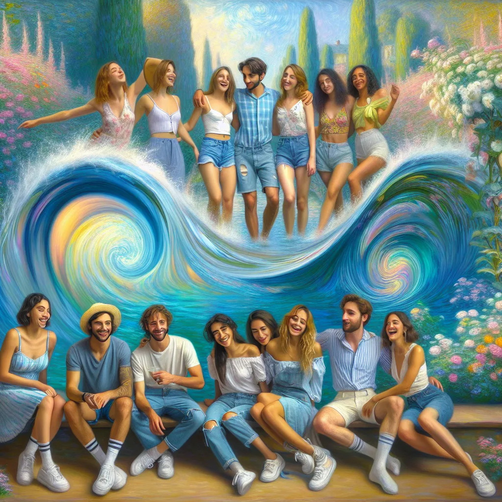 Reality-bending, Pool, Bikini, Friends, Transformation in the style of Monet