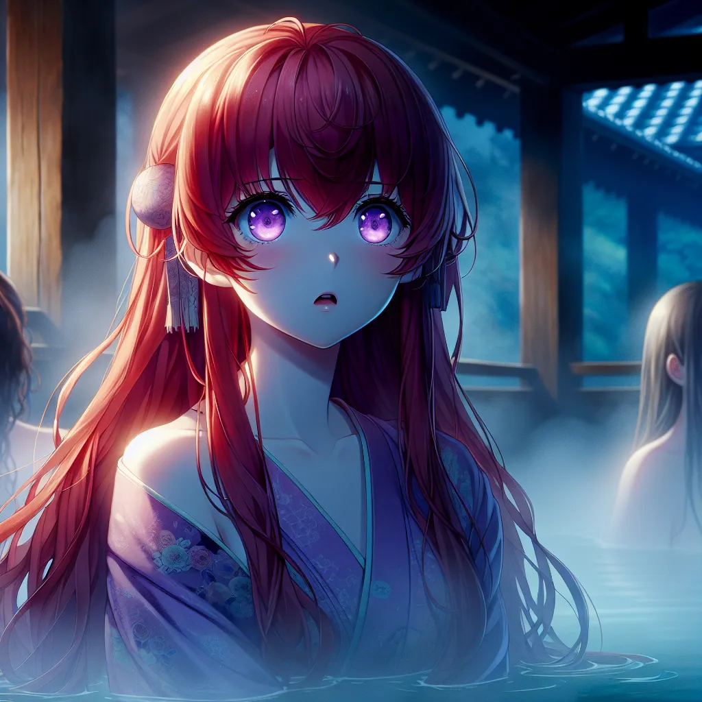 An image that could accompany this story could be of a girl standing in a hot spring, surrounded by mist and dim lighting. The girl should have long, flowing red hair and vibrant violet eyes, with a look of confusion, panic, and resignation on her face. She should be wearing a traditional Japanese-style bathing suit, and her friends, Sakura and Ino, could be seen in the background. The image should capture the sense of mystery and transformation that the story conveys.