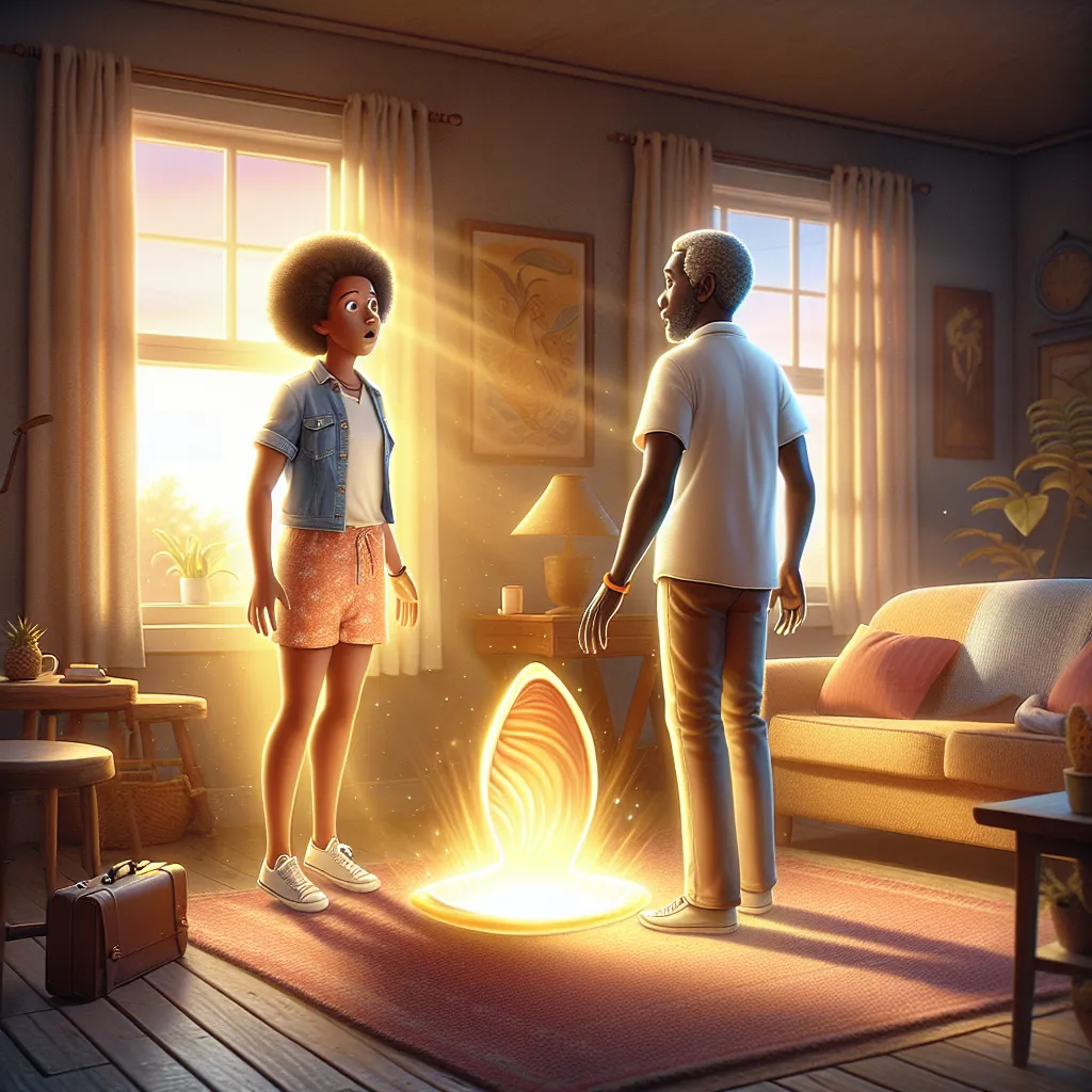 Nate and Linda find themselves magically switching bodies one night, leading to a series of bewildering moments as they navigate the switch and discover the power of a golden shell found by the couch. The story culminates in a morning filled with family breakfast and newfound hope, as Nate keeps the shell in his pocket, symbolizing the magical bond between the two.