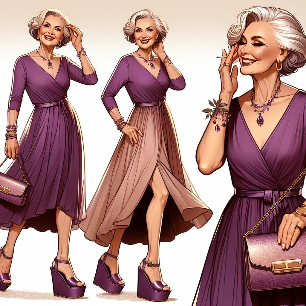 The image accompanying this story could be a digital illustration of a 75-year-old woman named Linda. She is wearing a glittery purple dress with a plunging neckline and high slit, while standing confidently in a pair of purple platform sandals. Linda is seen accessorizing with expensive jewelry, including a diamond necklace, platinum bracelet, gold hoop earrings, and more. She is holding a glossy purple purse with a golden clasp in one hand. The image reflects Linda's newfound confidence and he