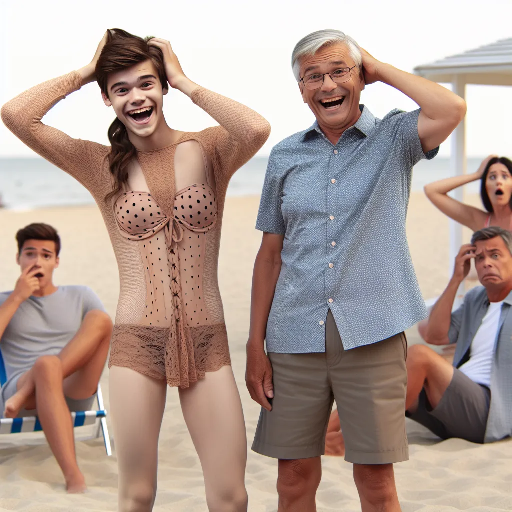 The image accompanying this story could be a humorous depiction of a teenager in their mother's body wearing a polka-dot bikini, standing on a beach with their father, who is scratching his head nervously. The teenager is laughing and striking a pose, while people nearby look on in confusion and amusement.