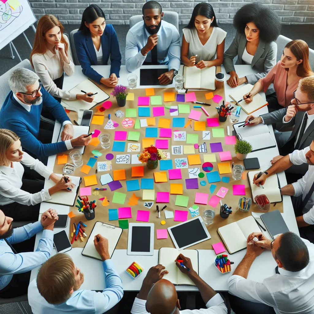 A group of people brainstorming ideas around a table, using sticky notes and markers to organize their thoughts.