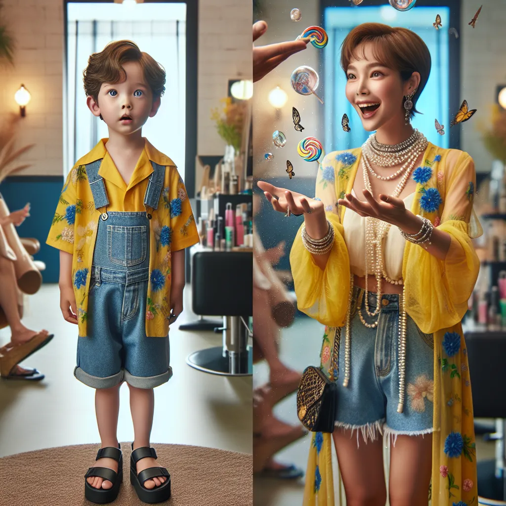 A young boy named Jack, with short curly hair and blue eyes, stands in a salon next to a Korean woman named Jin. Jin, wearing a yellow blouse with blue flowers and denim shorts, has a pixie cut, brown eyes, and wears platform sandals. Around her neck is a pearl necklace and she has multiple pieces of jewelry. In this moment, Jin is offering Jack a lollipop, telling him a joke, and eventually swapping bodies with him. The image showcases Jack's confusion and Jin's excitement as they undergo the s
