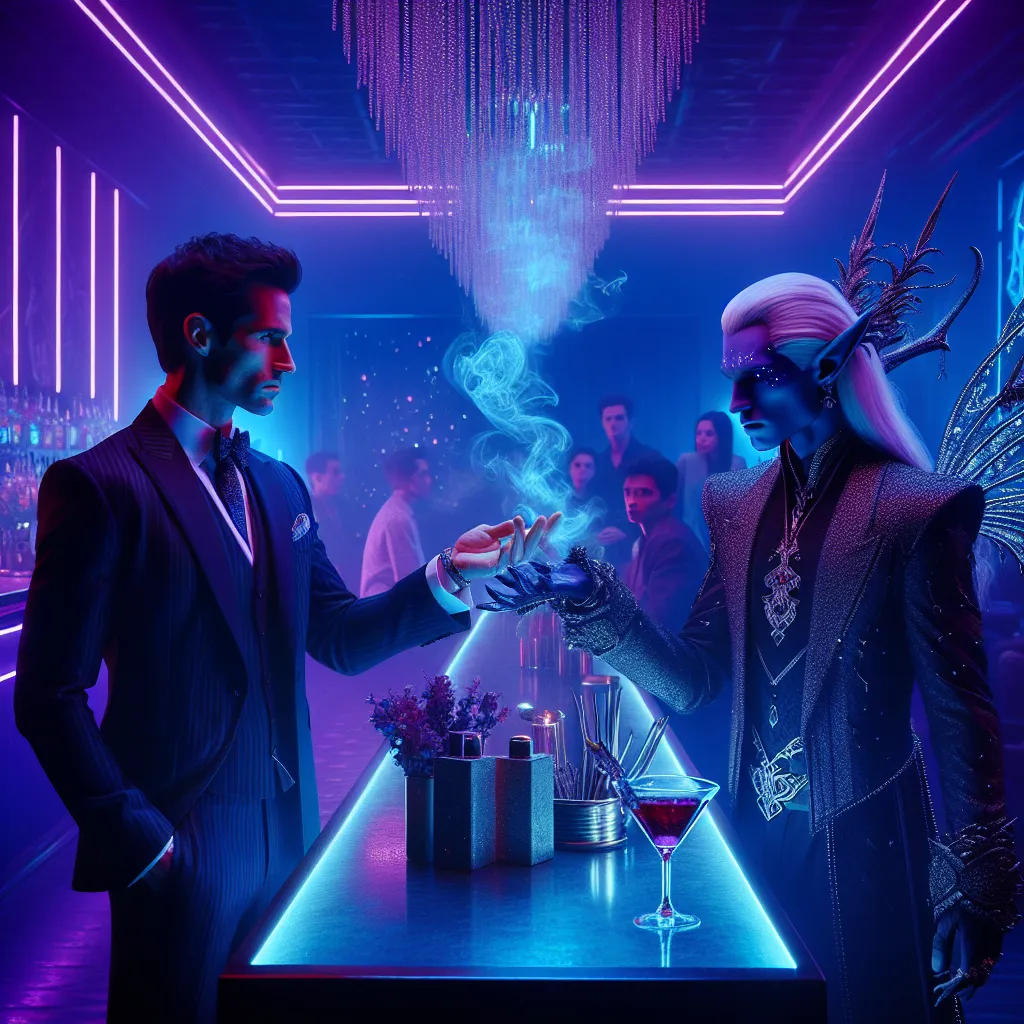 An intense and passionate moment in a neon-lit club between mortal owner Arden Carroway and cursed elf Kael, as they strike a dangerous bargain to help each other in "### Neon Kingdom: A Nightshade Romance" - a tale of love, magic, and sacrifice.